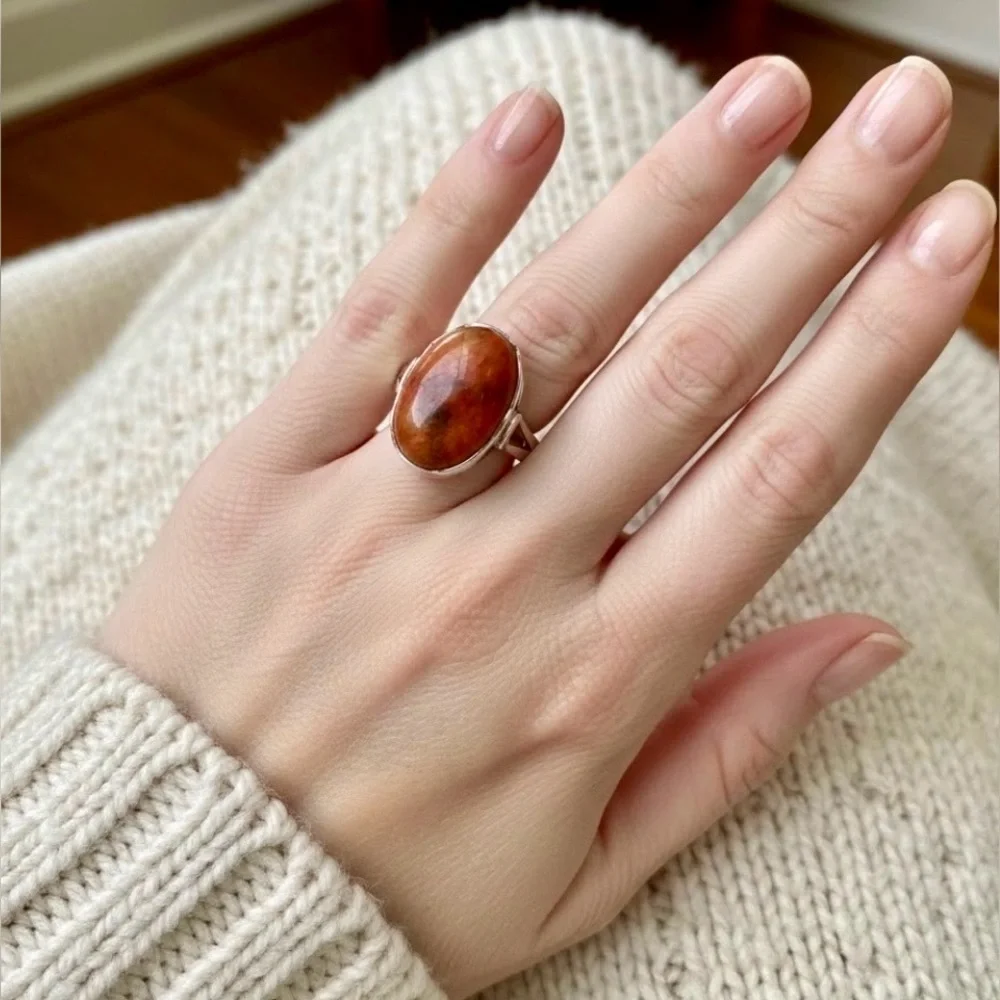 Vintage Red Coral and 925 Silver Ring with Cabochon Stone cut. - Picture 1 of 8